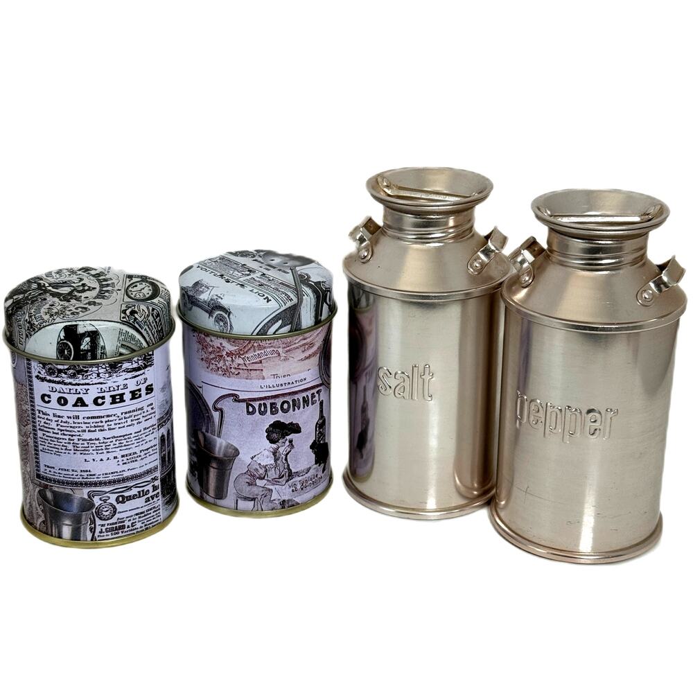 Vintage Lot Tin Metal Salt Pepper Shakers Milk Cans & French News Print Cans